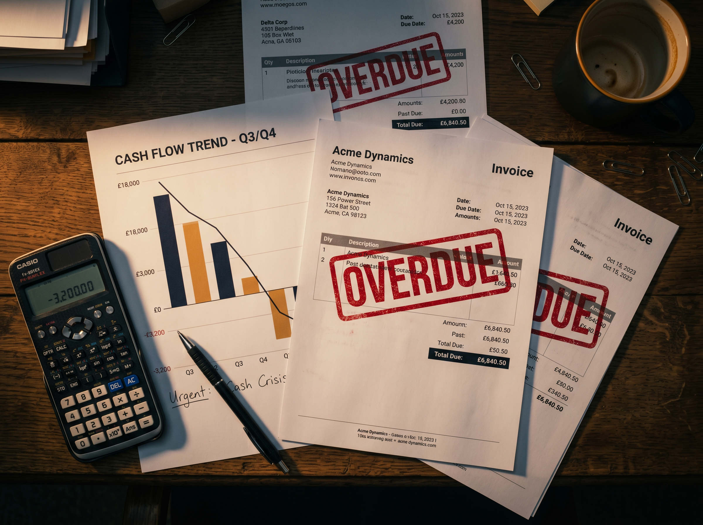 Overdue invoices and declining cash flow charts on a desk