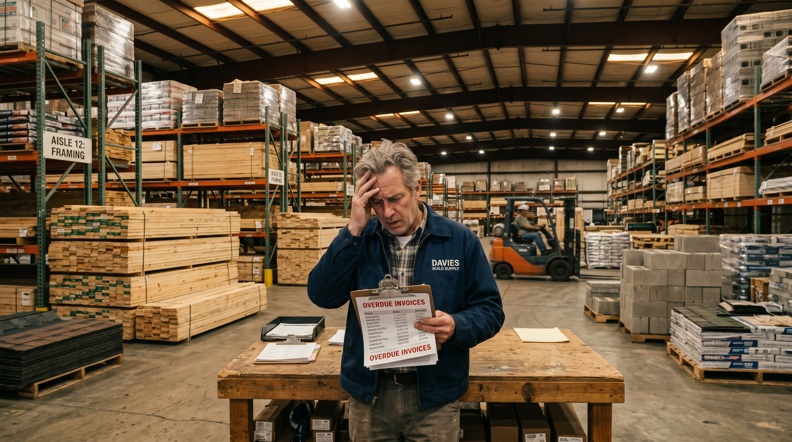 Building material supplier owner reviewing overdue invoices in warehouse