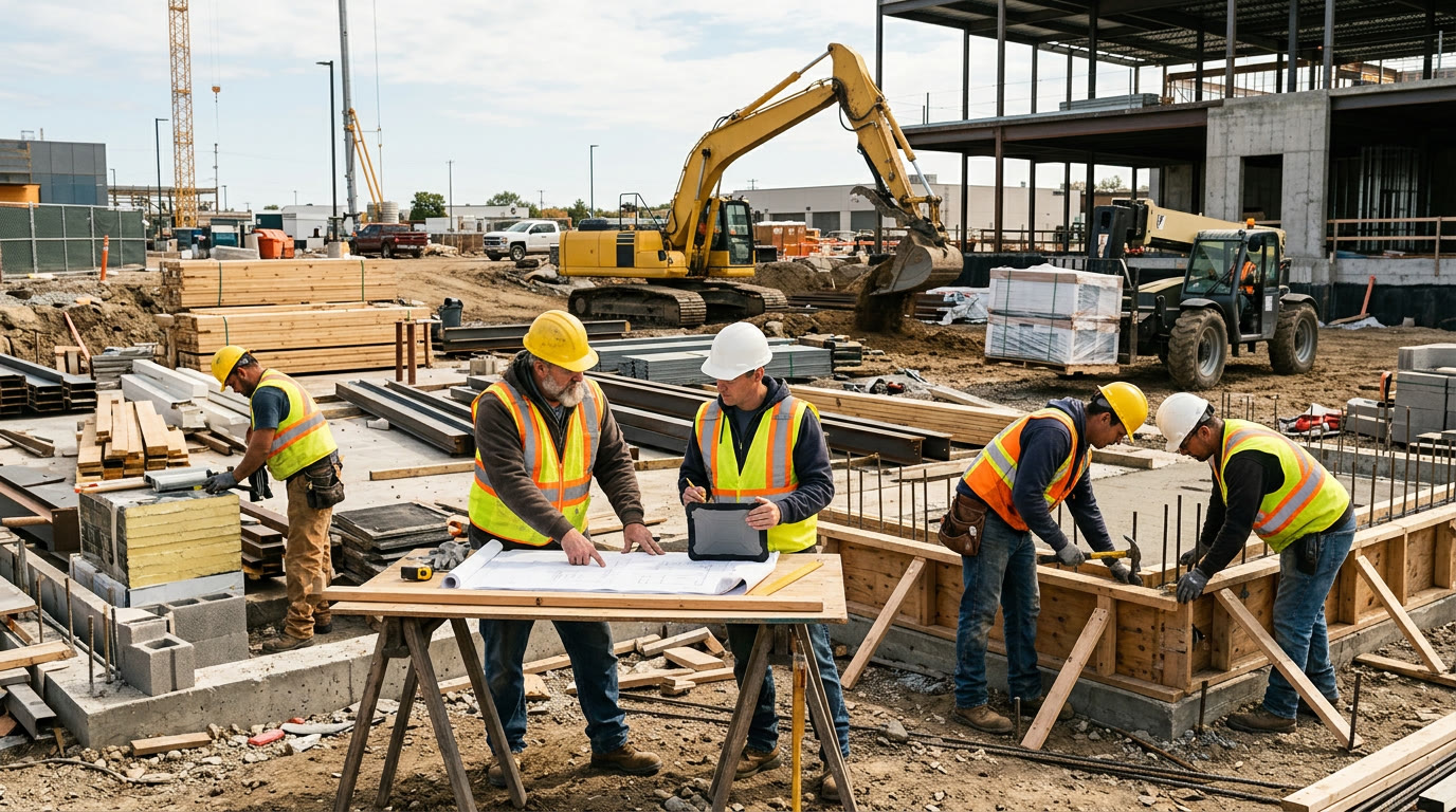 Construction crews in safety gear working with building materials and heavy equipment at an active job site