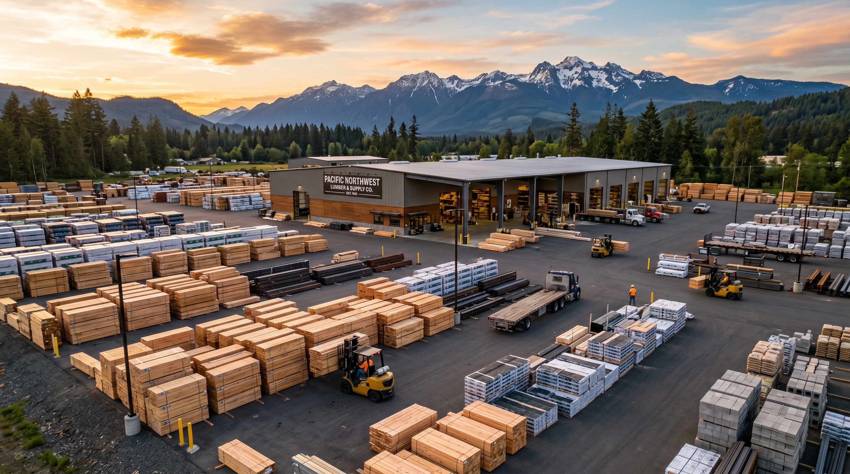 Aerial view of a Pacific Northwest building material supply yard at golden hour